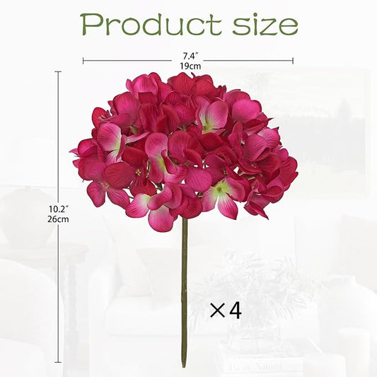 Hollyone Fuchsia Silk Hydrangea Artificial Flowers Heads 7.4inch Large Fake Hydrangea 4Pcs Full Faux Flowers with Stems for Wedding Party Table Centerpieces Flower Arrangement Home Decor