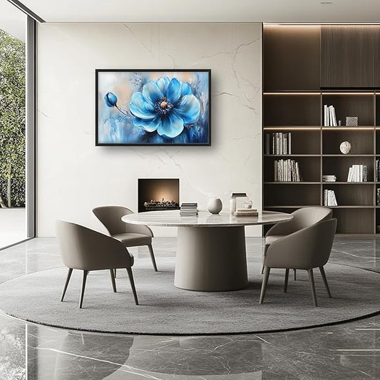 Extra Large Abstract Blue Flower Framed Wall Art for Living Room,Oversized Elegant Floral Pictures Wall Decor,Canvas Print Painting Modern Artwork Bedroom Office Bathroom 36L x 24W