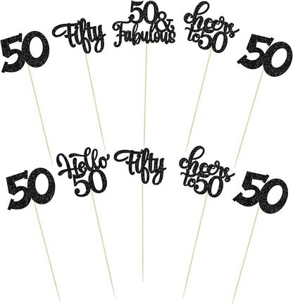 Gyufise 15Pcs 50th Birthday Centerpiece Sticks Fifty Happy 50th Table Flower Centerpieces Sticks Cheers to 50 Floral Decorations for 50th Birthday Party Centerpieces Supplies Black