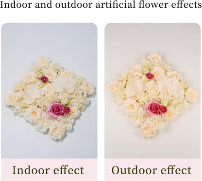 3D Flower Wall Backdrop - 12Pcs Artificial Flower Wall Panel 15 * 15inch Decoration Champagne and Red Roses Wall for Home Party Wedding Anniversary Birthday