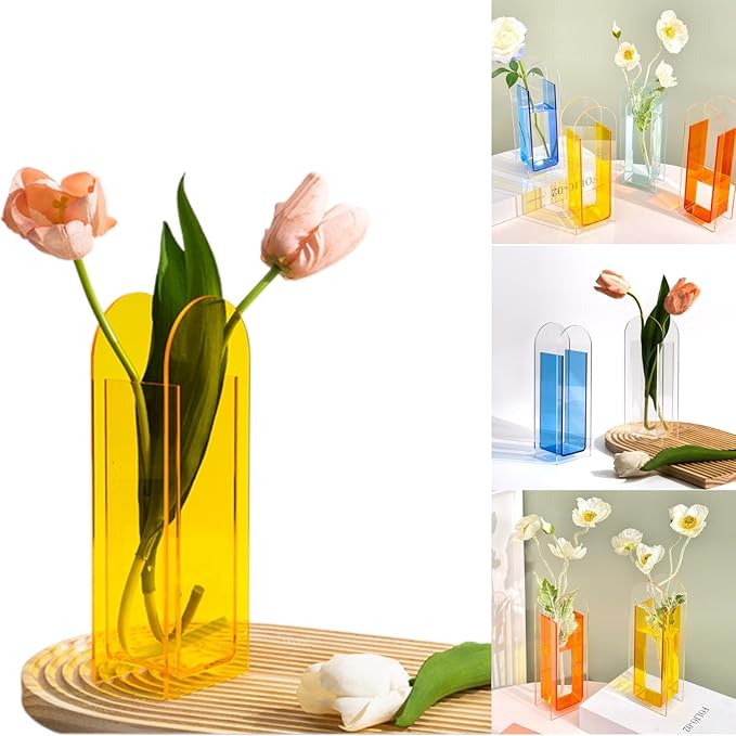 Acrylic Vase for Home Decor, Full-Transparent Lemon Yellow Arch Shape Centerpiece Vase, Acrylic Flower Vase for Table or Shelf Display, Modern Minimalist Wedding Decoration (Yellow)