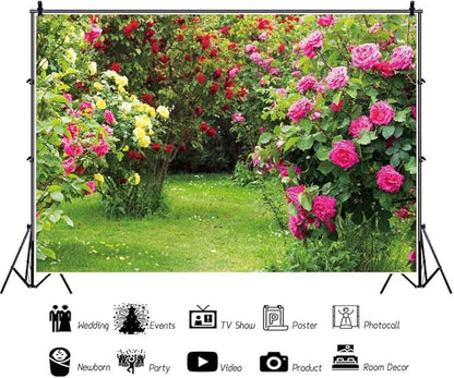 Renaiss 7x5ft Garden Floral Backdrop Red Pink Rose Flower Park Green Leaf Grass Natural Landscape Plant Photography Background for Wedding Bridal Shower Party Decor Photo Booth Props
