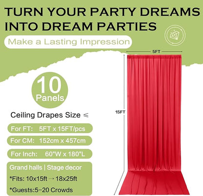 PartyVillage 50ft×15ft ChrismasRed Backdrop Curtain for Wedding Parties, 10 Panels Wrinkle Free 15 FT Long Polyester Photo Backdrop Drapes Back Drop Cloth for Birthday Photography Background