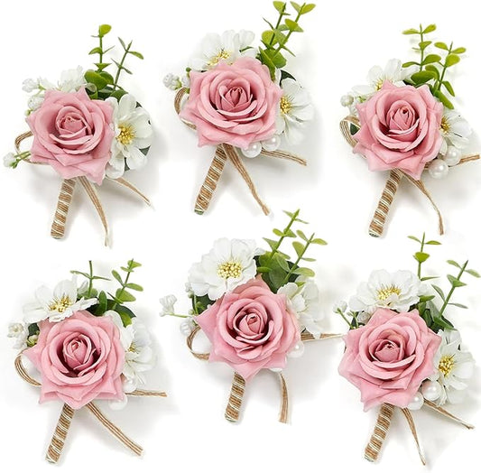 Serwalin 6PCS Pink Rose Boutonniere for Men Wedding Groom Groomsmen Best Man Boutonniere for Wedding Ceremony Anniversary Prom Flowers Formal Dinner Party