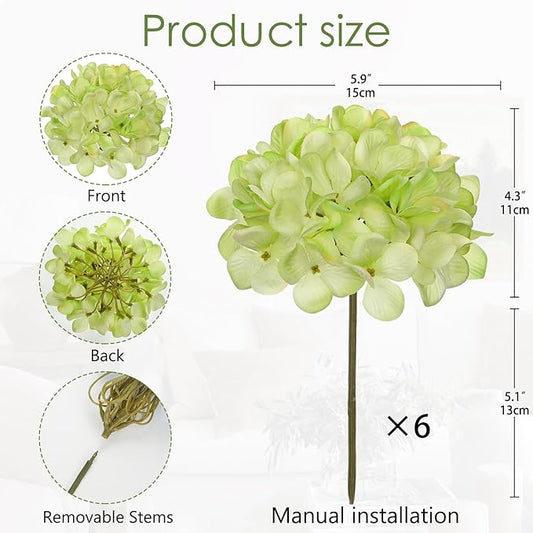Hollyone 6 Pcs Green Hydrangea Artificial Flowers Heads with Stems Silk Faux Hydrangea Green Fake Flowers for Home Indoor Outdoor DIY Floral Wedding Flower Bouquets Kitchen Table Centerpiece Decor