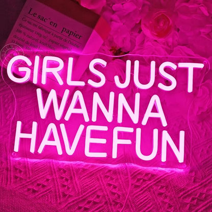 SYLHOME Pink Led Neon Light Sign Girls Just Wanna Have Fun Bedroom Girls Room Wall Decor Sign Birthday Wedding Christmas Party Backdrop Sign USB 15"X7.9"