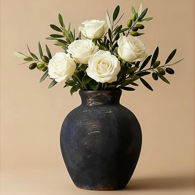 Ceramic Vase, 6 inch Minimalist Rustic Farmhouse Terracotta Vase for Home Decor, Table, Living Room, Entryway, Shelf, Mantel Decoration (Black)