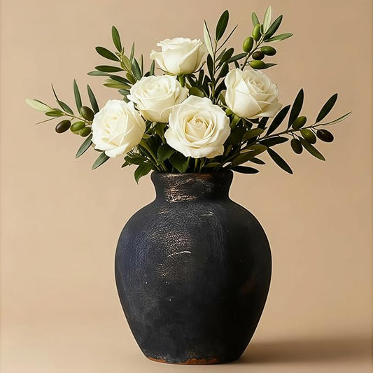 Ceramic Vase, 6 inch Minimalist Rustic Farmhouse Terracotta Vase for Home Decor, Table, Living Room, Entryway, Shelf, Mantel Decoration (Black)