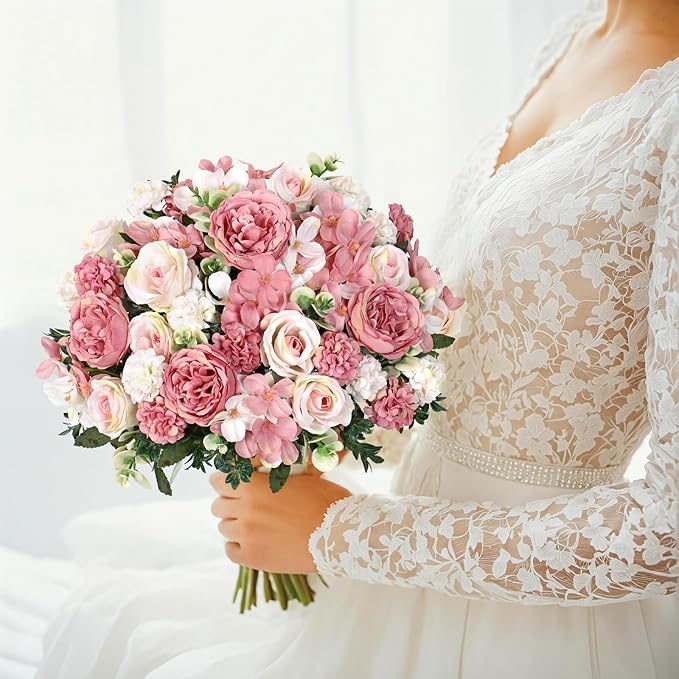 2 Bundles Pink Peonies Artificial Flowers Silk Flower Centerpieces for Tables Fake Flower Arrangements Bouquets Mixed Roses Hydrangea with Stems for Wedding Bridal Bouquets Home Table Decor