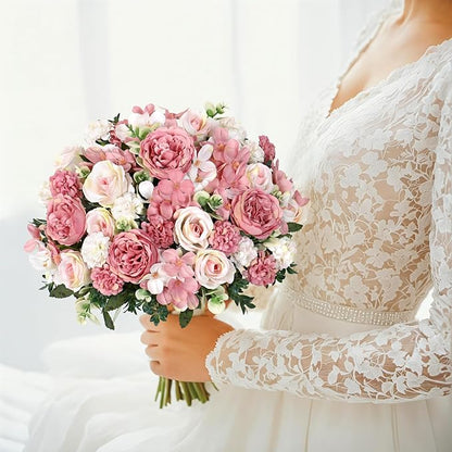2 Bundles Pink Peonies Artificial Flowers Silk Flower Centerpieces for Tables Fake Flower Arrangements Bouquets Mixed Roses Hydrangea with Stems for Wedding Bridal Bouquets Home Table Decor