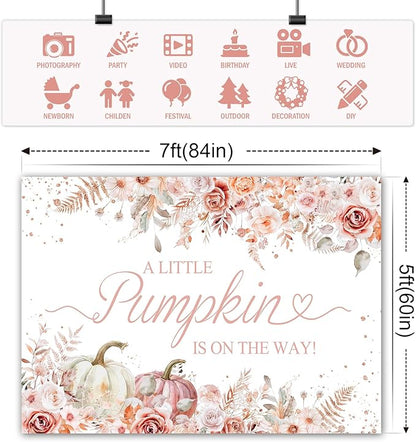 7x5ft Pumpkin Baby Shower Backdrop for Girls Pink Floral Leaves Photography Background Newborn Baby Shower Party Decorations Little Pumpkin Backdrops Banner Supplies Studio Photo Booth Props
