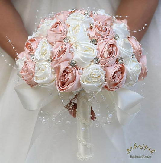 Bridal Wedding Bouquet Round Bling Brooch Bouquet Throw Toss Artificial Rose Flower Bunch for Bride Bridesmaid Wedding Quinceanera(Peach Pink & Ivory, 9.8")