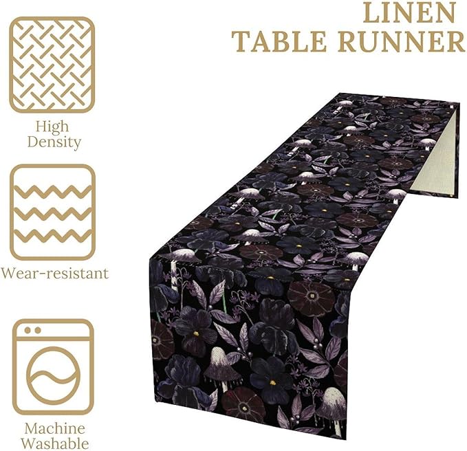 Gothic Floral Table Runner, Dark Purple Vintage Garden Flower Witchy Mushroom Farmhouse Coffee Table Center Decor for Home Kitchen Dining Patio Holiday Party Table Decorations 13x90 inches