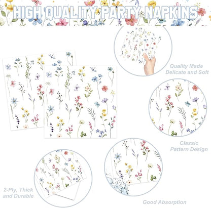 168PCS Wildflower Party Decorations Spring Floral Baby Shower Birthday Decorations Include Plates, Cups, Napkins, Cutlery for Wildflower Baby Shower Tea Decorations, Serve 24