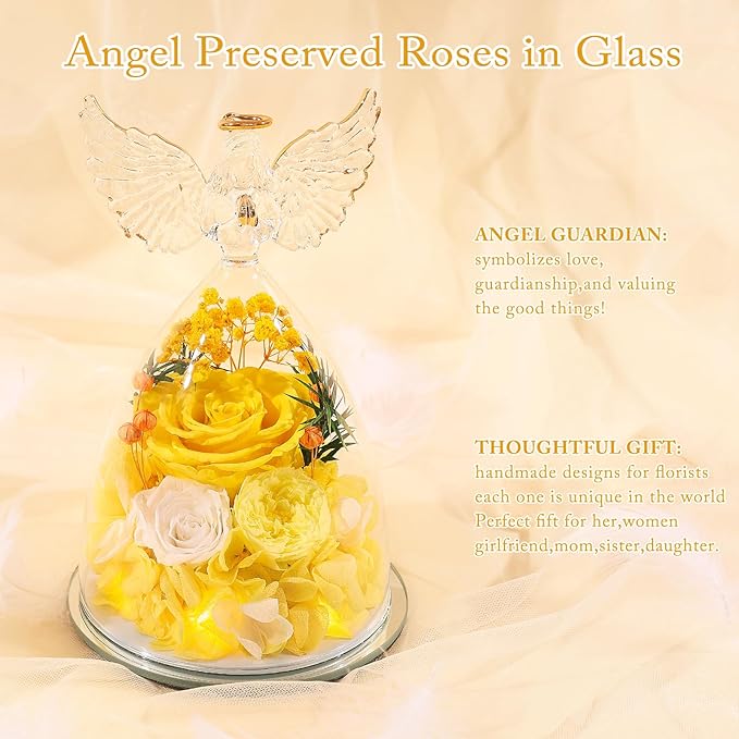 FIACO Gifts for Women Preserved Rose Forever Flower in Glass Angel Figurine Fresh Flowers for Delivery Mothers Day Birthday Gifts for Mom Grandma Wife Sister Yellow