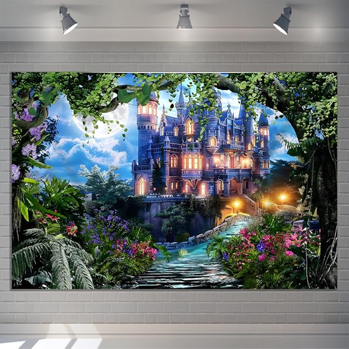 9x6ft Spring Fantasy Castle Palace Backdrop Vinyl Fairy Tale Prince Princess Flower Forest Wonderland Castle Photography Background Girl Home Decor Birthday Party Portrait Photo Props