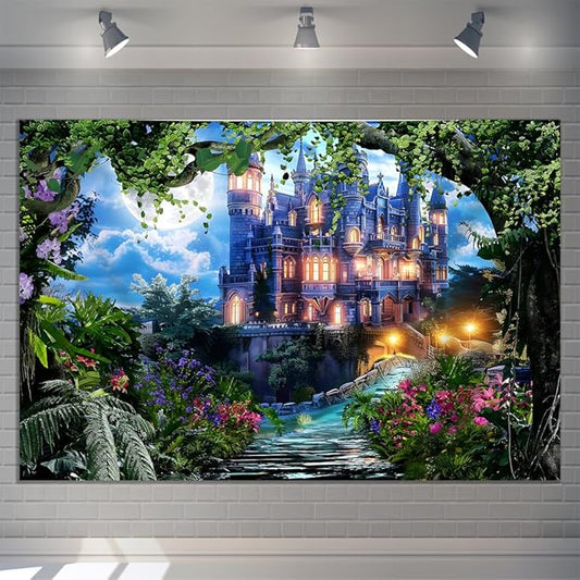 10x8ft Spring Fantasy Castle Palace Backdrop Vinyl Fairy Tale Prince Princess Flower Forest Wonderland Castle Photography Background Girl Home Decor Birthday Party Portrait Photo Props