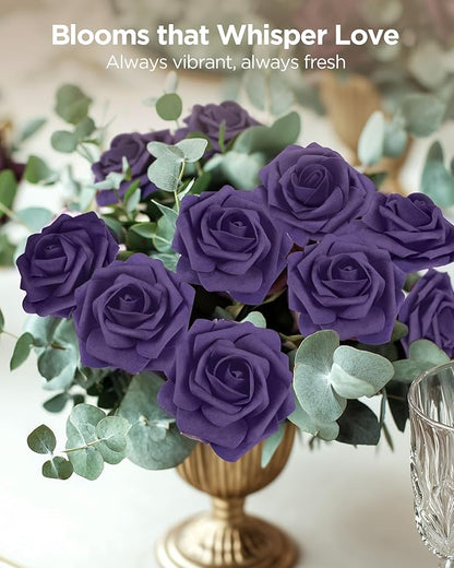 InnoGear Artificial Flowers, 50 Pcs Dusty Purple Foam Fake Roses Bulk with Stems for Decoration DIY Wedding Bouquets Centerpieces Bridal Shower Party Valentines Christmas Tree