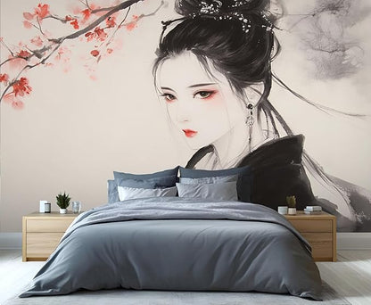 Asian Woman Wall Mural, Oriental Japanese Woman 3D Wall Murals, Ink Style Art Wallpaper Mural, for Living Room Bedroom Large Wallpaper Indoor Decor 59" W x39.4 H