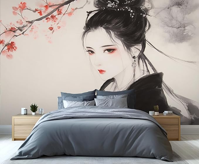 Asian Woman Wall Mural, Oriental Japanese Woman 3D Wall Murals, Ink Style Art Wallpaper Mural, for Living Room Bedroom Large Wallpaper Indoor Decor 197" W x124.8 H