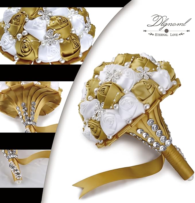 Handmade Wedding Flowers Bridal Bouquets Crystal Bride Holding Bouquet White Ivory Satin Roses with Diamond Pearl Ribbon.(Gold)