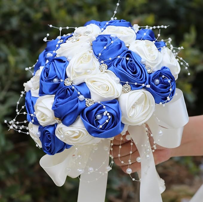 Bridal Wedding Bouquet Round Bling Brooch Bouquet Throw Toss Artificial Rose Flower Bunch for Bride Bridesmaid Wedding Quinceanera(Royal Blue & Ivory, 7.5")