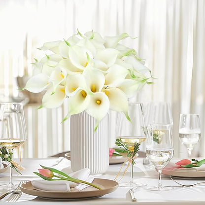 24 Pcs White Artificial Flowers Fake White Calla Lily Silk Flower Real Touch for Wedding Office Home Kitchen Decor