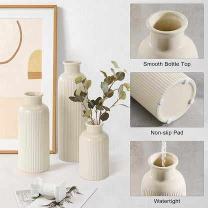 Small Beige Ceramic Vase Set of 3, Boho Modern Beige Flower Vase Room Decor, Farmhouse Decor, Vases for Your Kitchen, Bathroom, Bedroom, Living Room, Office&Shelf Centerpiece Table Decorations