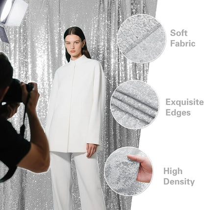 Silver Sequin Backdrop Curtain 4 Pieces 2FTx8FT Glitter Photography Backdrop for Party Wedding Birthday Christmas Decorations