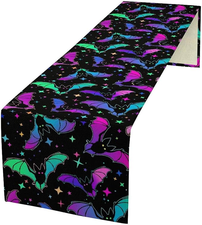 Gothic Table Runner,Colorful Bat Star Pattern Table Runner for Home Kitchen Table Dining Garden Farmhouse Wedding Party Decor 13x36 Inch