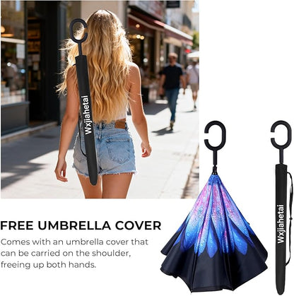 Inverted Umbrella, 49 Inch Double-Layer Vented Reverse Umbrella, Windproof Waterproof UV Protection, Lightweight C-Handle, Fiberglass Ribs, Steel Shaft, Travel/Commute/Car Use, With Sleeve