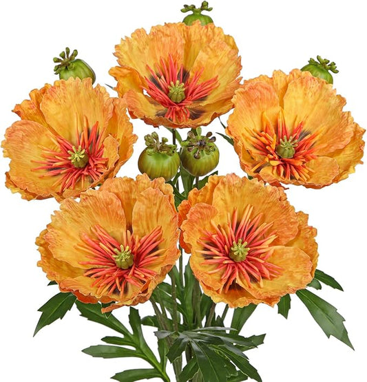 Hollyone 5Pcs Orange Poppy Flowers Artificial Bouquet 32.2" Silk Fake Poppy Flowers Arrangement Real Touch Faux Poppies Flower Long Stem for DIY Wedding Party Table Centerpiece Table Home Decor