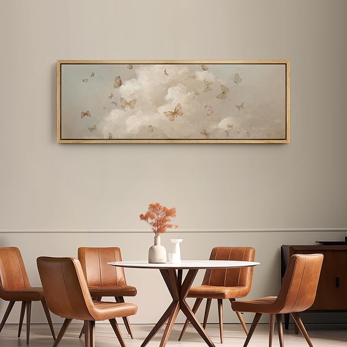 SIGNFORD Large Framed Canvas Print Wall Art Butterflies in the Clouds Dreamy Neutral Sky with Flying Butterflies Illustrations Modern Art Relax/Calm Warm for Living Room, Bedroom, Office - 60"x20"