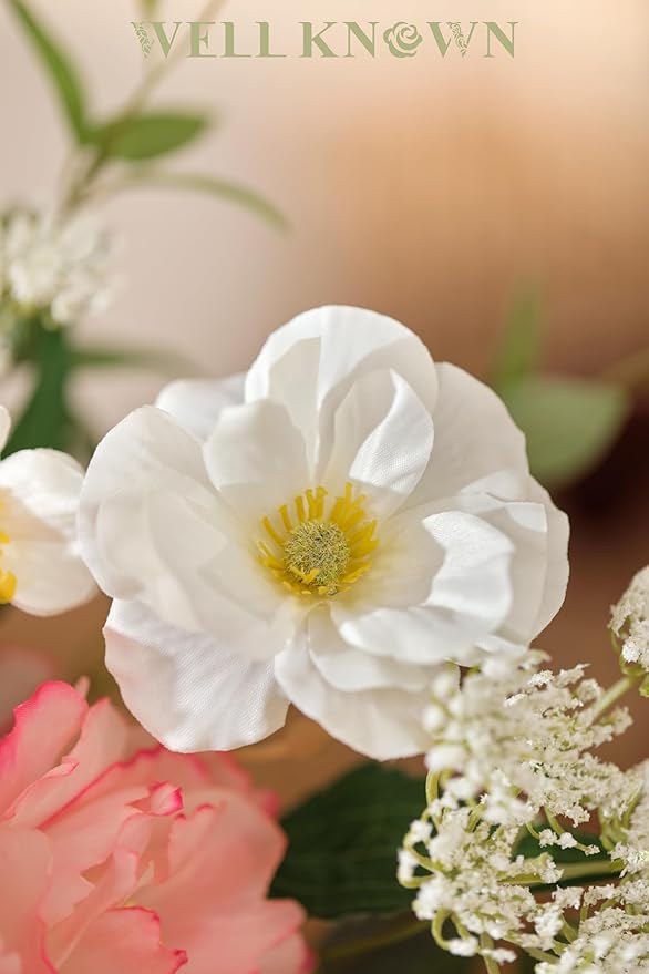 Artificial Flowers in Vase, WELL KNOWN Fake Silk Peony Tulip Hydrangea Pink & White Flower Bouquet Arrangement with Faux Water Centerpieces, Fake Flowers for Home Wedding Dining Table Party Decor Gift