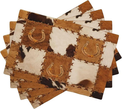 Vintage Cowhide Animal Placemats, Old West Country Cow Animal Fur Patchwork Abstract Horseshoe Print Washable Fabric Placemats Table Kitchen Dining Party 12x18 Inch Set of 4