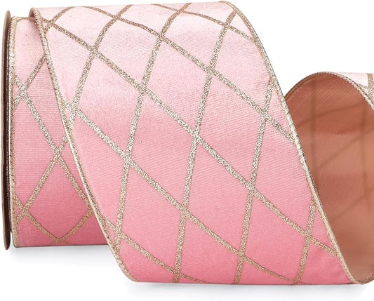 Ribbli Light Pink Velvet Ribbon Wired with Glitter Diamond Grid 4 Inch Christmas Ribbon for Christmas Tree Decoration Big Bow Gift Wrapping Crafts Wreaths Garland Supplies - 10 Yards