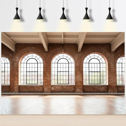 Large Empty Room Backdrop Concrete Walls Wooden Floor with Big Arched Windows Photography Background Empty Loft Style with Brick Wall Photography Decorations Photo Booth Shoot Studio Props 8x6ft