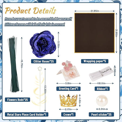 Glitter Roses Bouquet,DIY Fake Glitter Bouquets, Everlasting Shiny Artificial Rose Bouquet with Flower Wrapping Paper Crowns Cards for Mother's Day Graduation Wedding Anniversary(Blue),25 Pcs