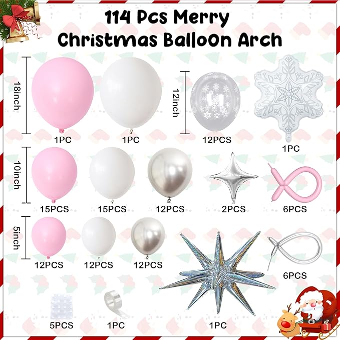 Pink Winter Wonderland Balloon Arch Garland Kit, Pink White Metallic Silver Balloons with Snowflake Star Foil Balloons for Winter Christmas Baby Its Cold Outside Baby Shower Birthday Party Decorations