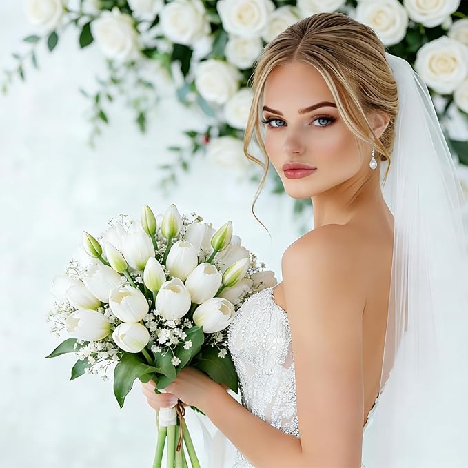15 Pcs White Artificial Flowers Tulips Real Touch Latex Plastic Soft Faux Bouquets for Party, Wedding, Home, Room, Garden Decor
