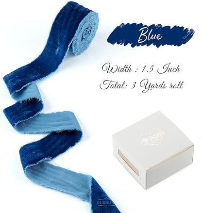 Blue Velvet Ribbon 1.5 Inch Hand Frayed Silk Velvet Ribbon Rustic Velvet for Gift Wrapping, Christmas Tree Decor, Wedding Invitation Bridal Bouquet -3yards