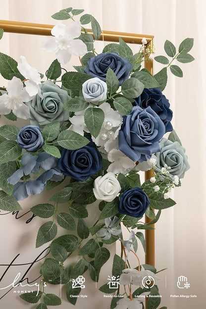 Ling's moment Wedding Artificial Welcome Sign Flowers Swag Arch Floral Garland Decorations Dusty Blue Navy for Ceremony Reception Entrance Entryway Party Banquets Easel Home Outdoor(NOT Include Sign)