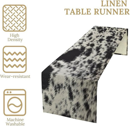 Cow Skin Print Table Runner, Rustic Country Farmhouse Animal Fur Skin Western Farm Black Cowhide Print Dinner Runner Table Decoration for Home Kitchen Dining 13x36in