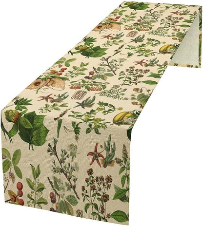 Vintage Botanical Table Runner Rustic Wildflower Plants Herbs Retro Boho Wild Floral Ferns Green Leaf Spring Summer Seasonal Dinner Runner for Home Kitchen Cabin Holiday Party Decor 13x70in