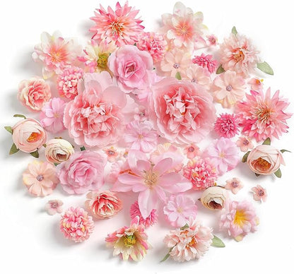 Artificial Flowers Heads Combo Pink Flowers Mix Silk Flowers Heads Faux Rose Bulk for Craft Garland Graduation Cap Wedding Bridal Baby Shower Home Party Decoration DIY Cake Decor