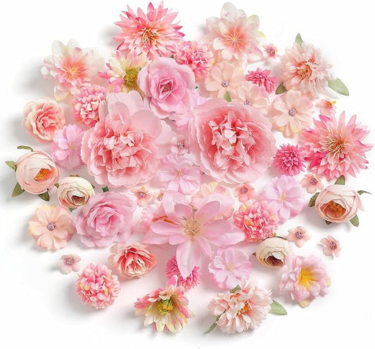Artificial Flowers Heads Combo Pink Flowers Mix Silk Flowers Heads Faux Rose Bulk for Craft Garland Graduation Cap Wedding Bridal Baby Shower Home Party Decoration DIY Cake Decor