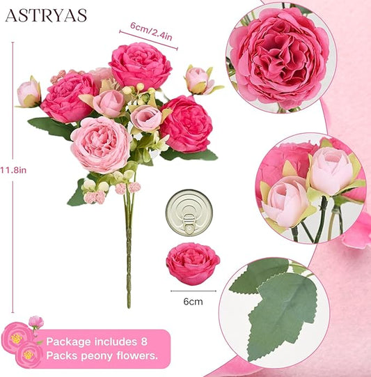 ASTRYAS 8Pcs Peonies Artificial Flowers Artificial Peonies Silk Flowers Faux Peony Fake Peony for Wedding Table Centerpiece Floral Vase Decor（Hot Pink & Light Pink