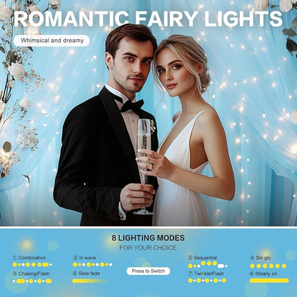 Tulle Curtain Backdrop with 300 LED Fairy Lights for Parites Wrinkle-Free Sheer Curtain Drapes Photo Back Drop for Wedding Baby Shower Bridal Shower Birthday Home Décor - 10ft×10ft, Baby Blue