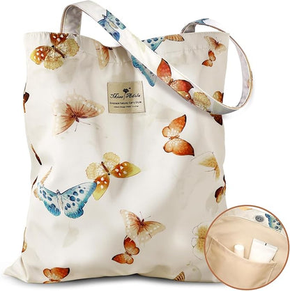 Aesthetic Cotton Tote Bag for Women - Reusable Shoulder Bag with Buckle Fabric Bag for Gym, Travel, Work