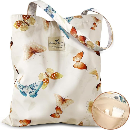 Aesthetic Cotton Tote Bag for Women - Reusable Shoulder Bag with Buckle Fabric Bag for Gym, Travel, Work